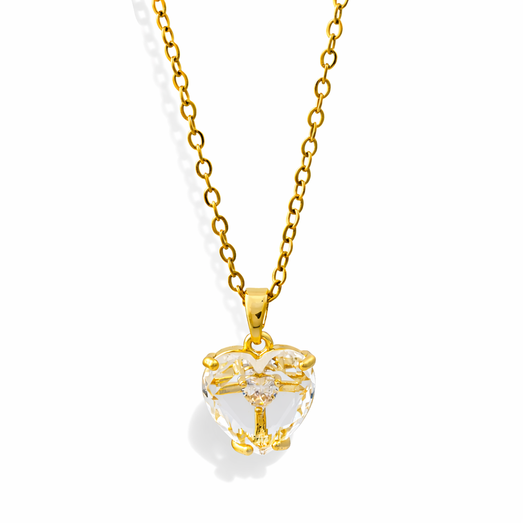 gold Faceted Clear Quartz Heart Charm Chain with pendant