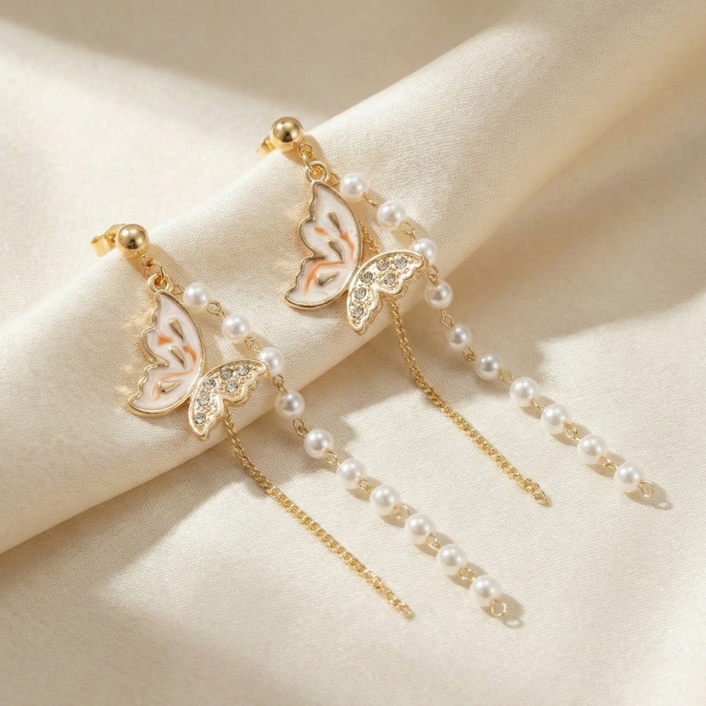 Butterfly Pearl Dual Drop Earrings
