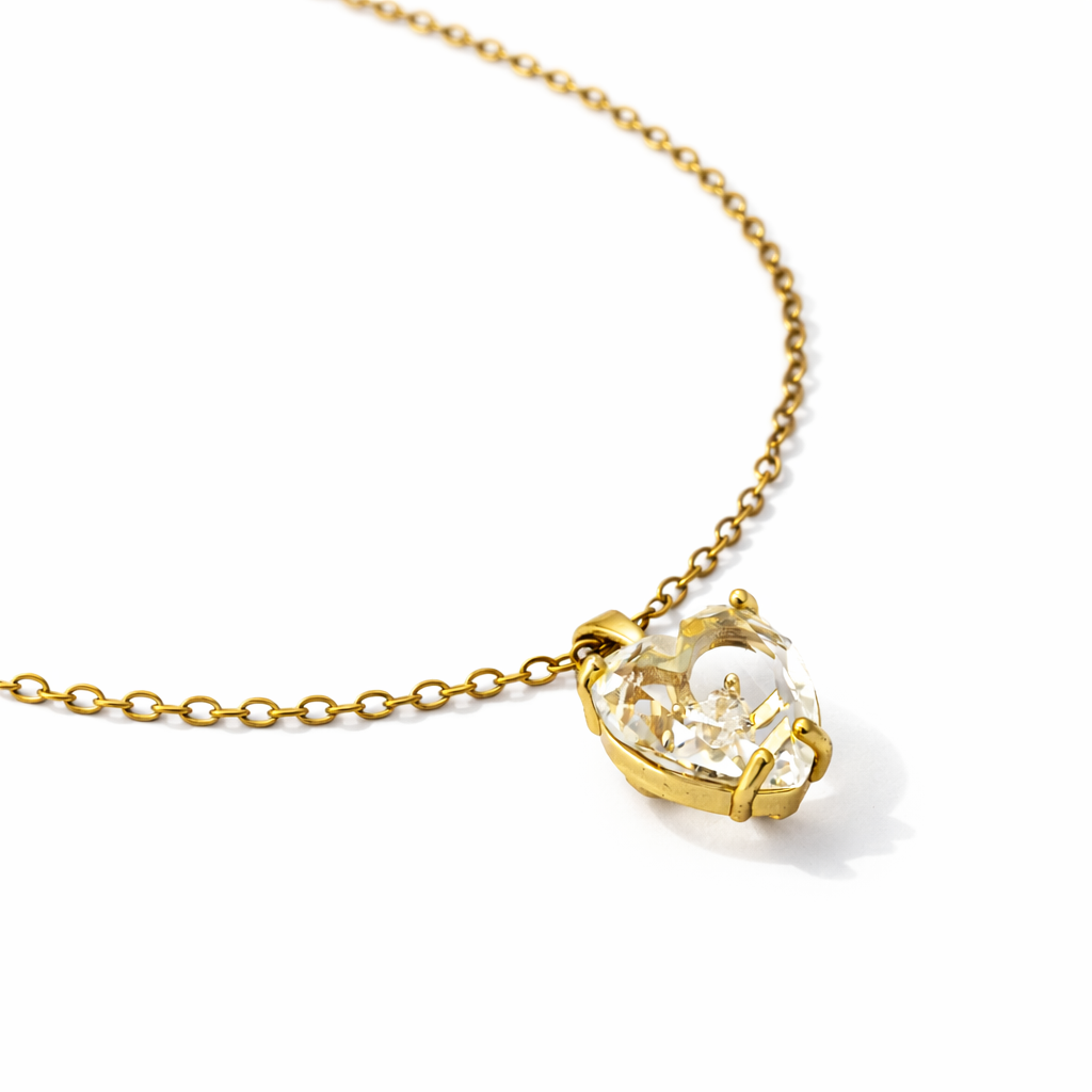 gold Faceted Clear Quartz Heart Charm Chain with pendant