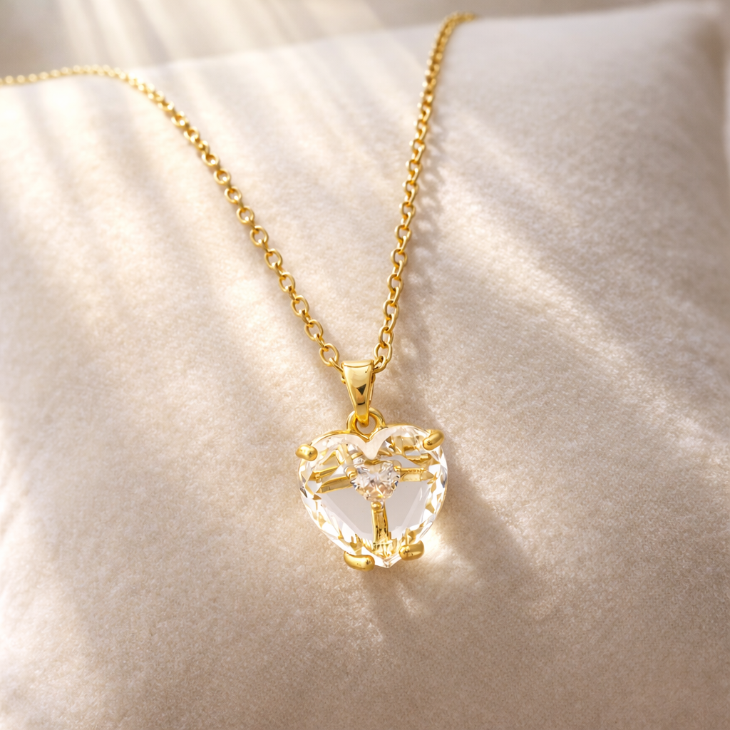 gold Faceted Clear Quartz Heart Charm Chain with pendant
