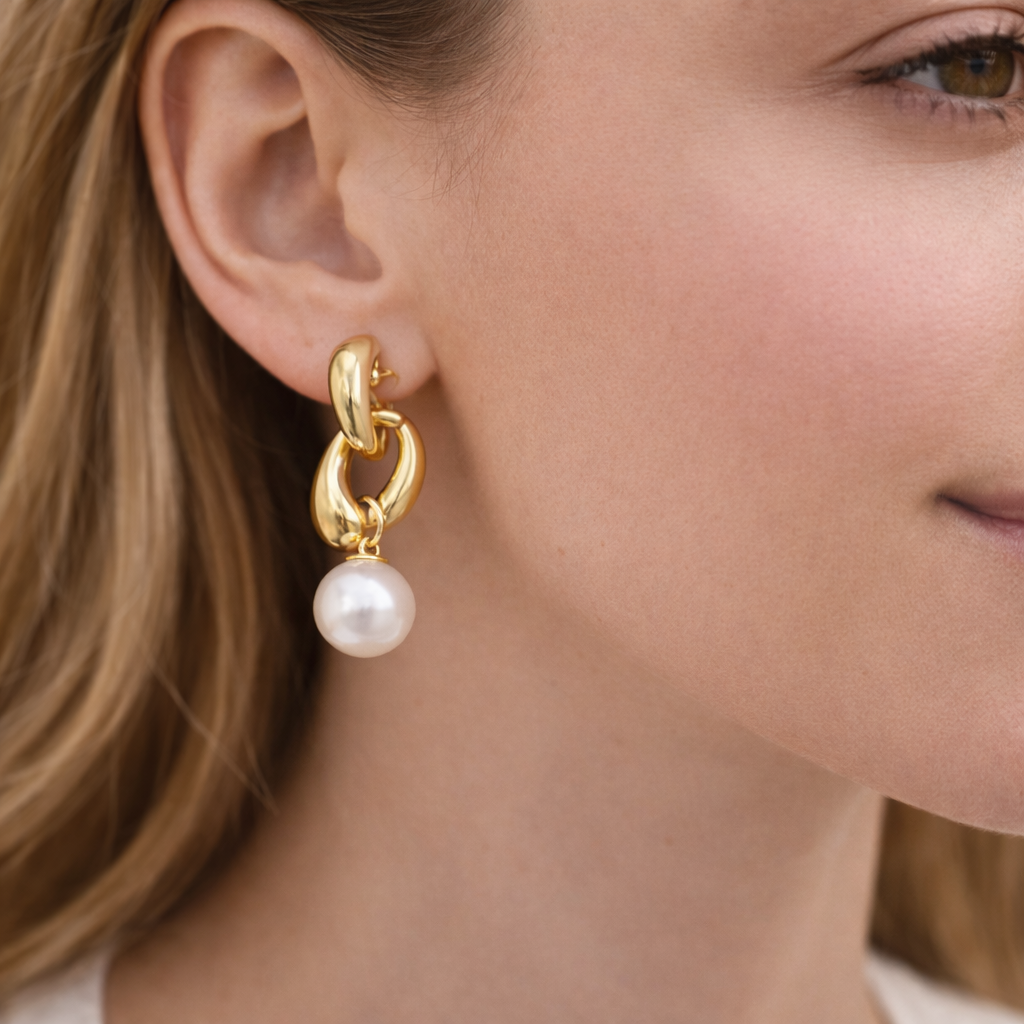 Golden Link Pearl Drop Earrings