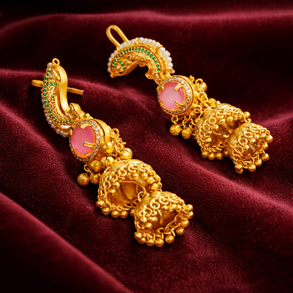 Elysian Pink Stone Peacock kashmiri ear-cuff earring