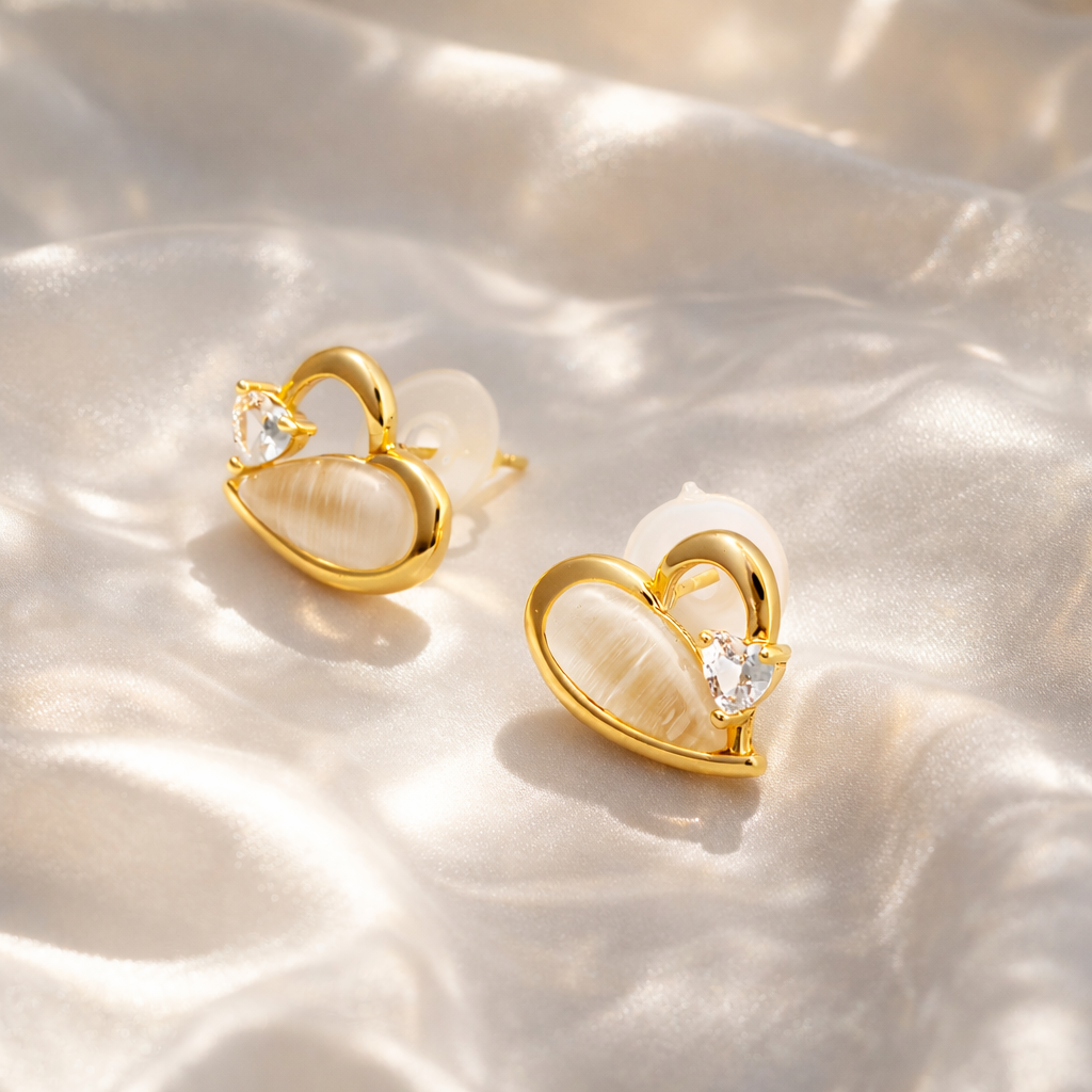 Golden Half Ivory Heart Studs