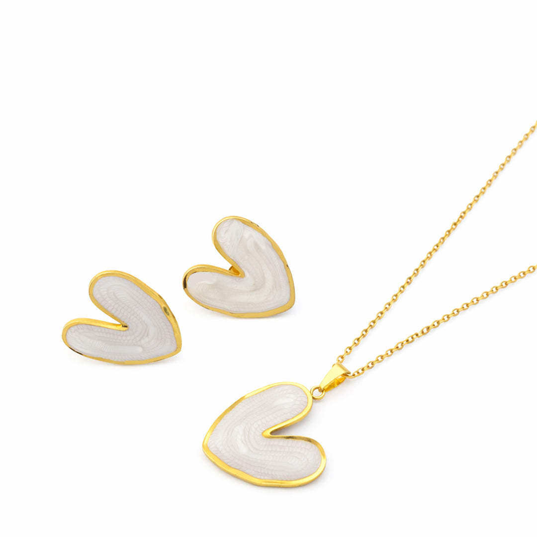 White Enamel Heart Pendant & Earrings Set