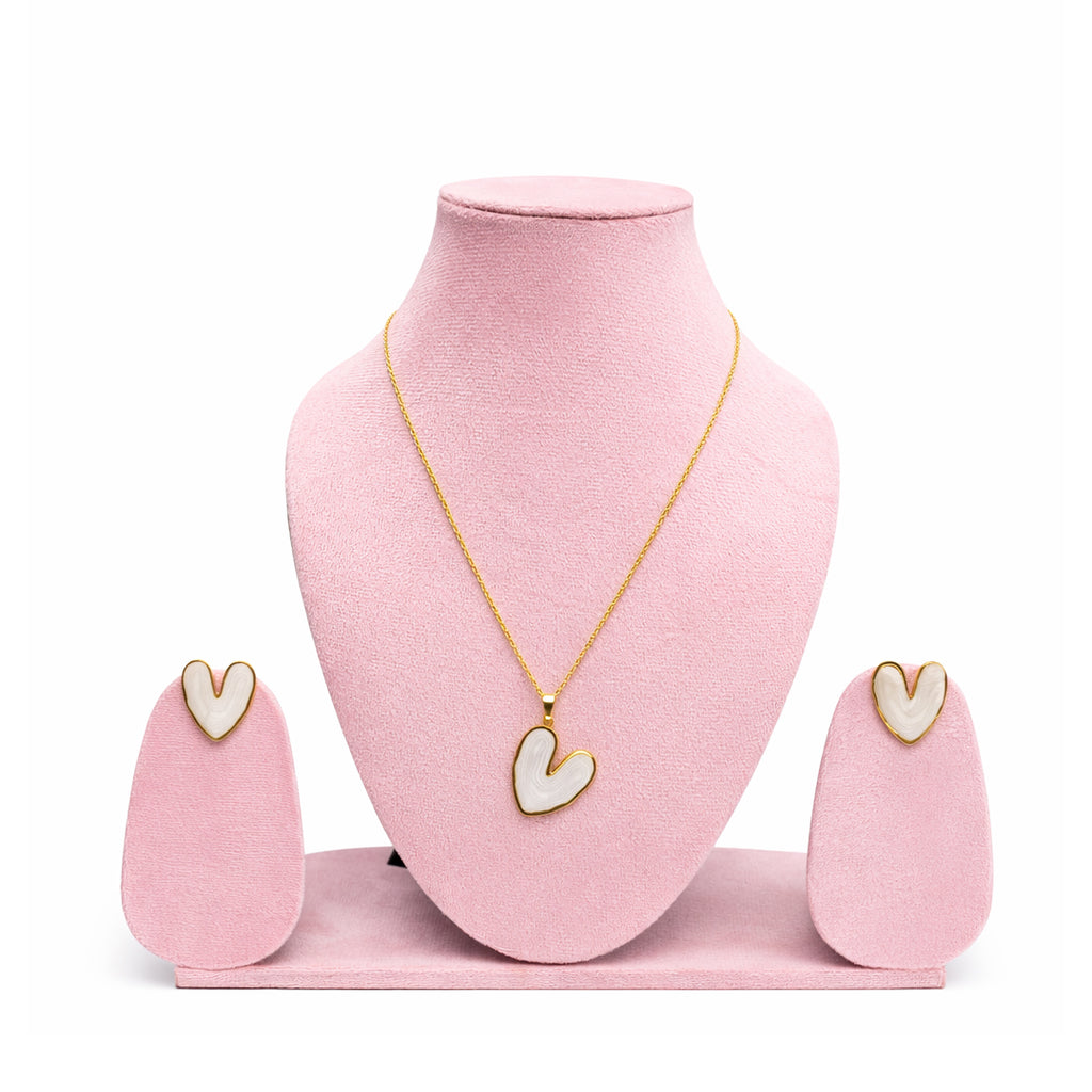 White Enamel Heart Pendant & Earrings Set
