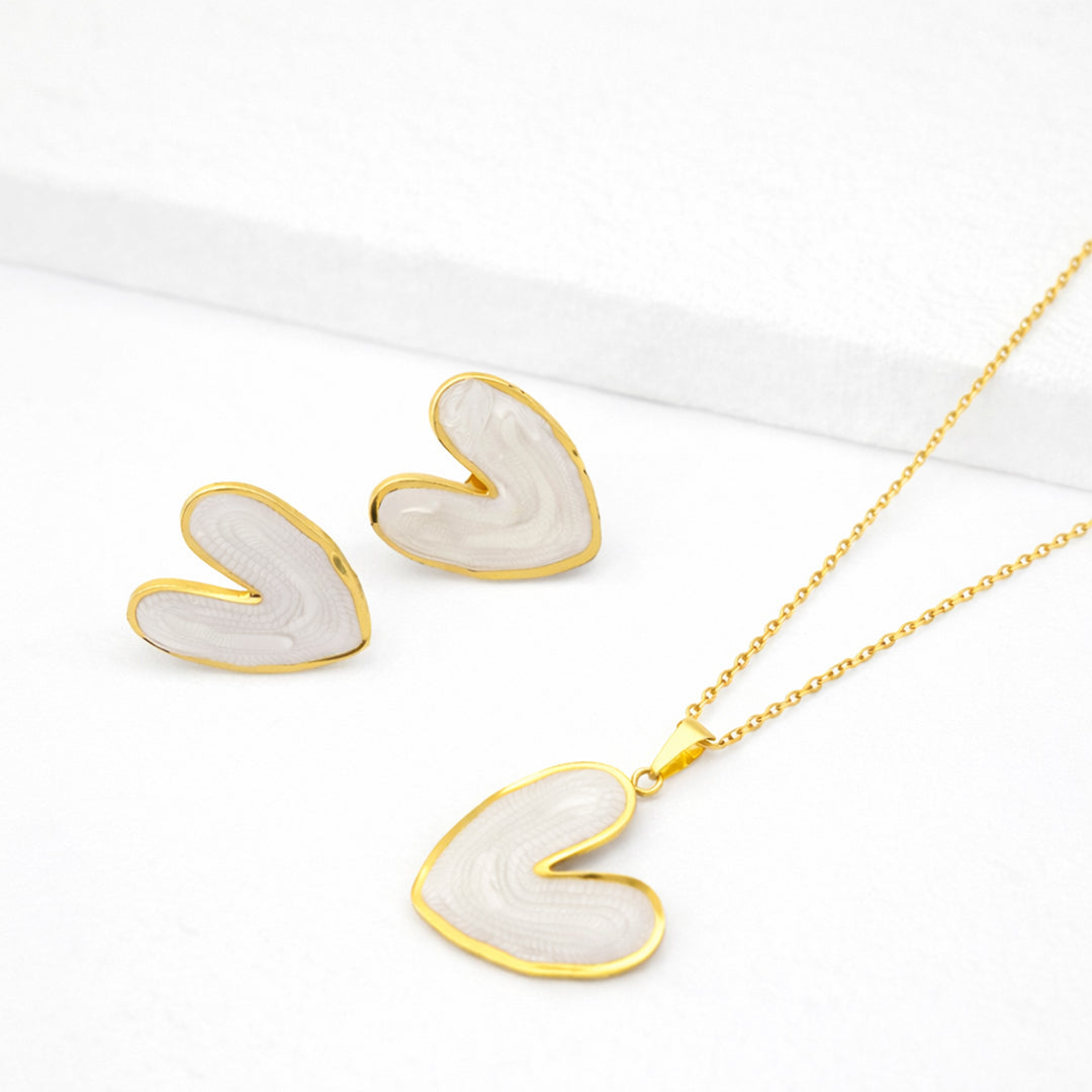 White Enamel Heart Pendant & Earrings Set