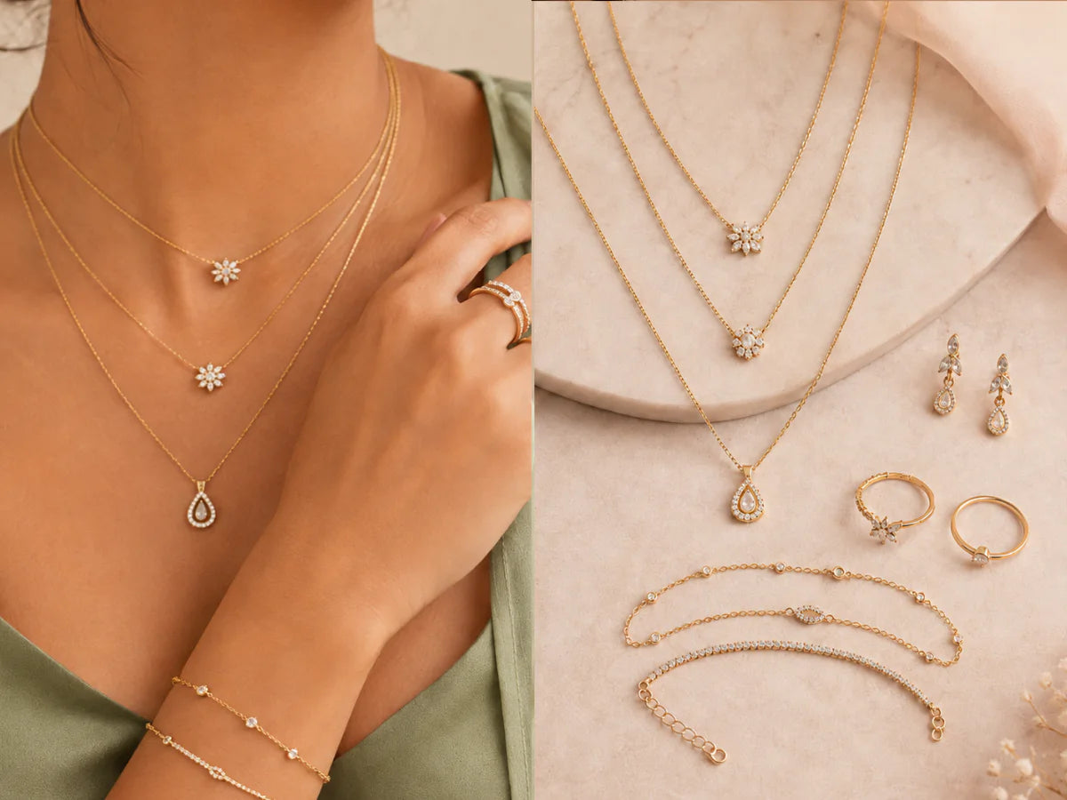 Layered gold IRA necklaces, rings and bracelets