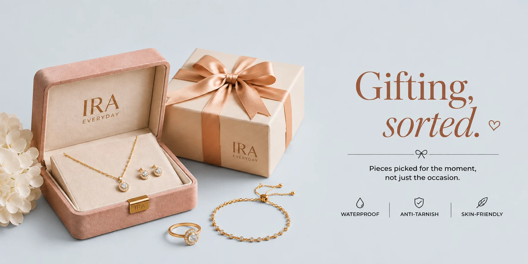 IRA jewellery gift box, wrapped present and anti-tarnish jewellery selection